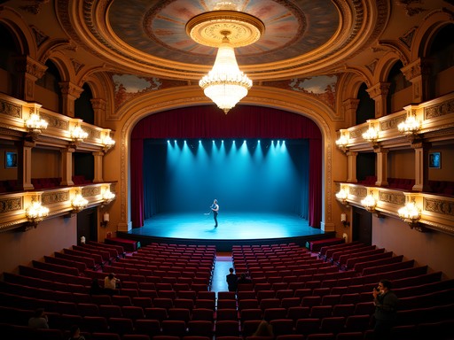 Ornate interior of Syracuse's historic Landmark Theatre during a live music performance with dramatic lighting