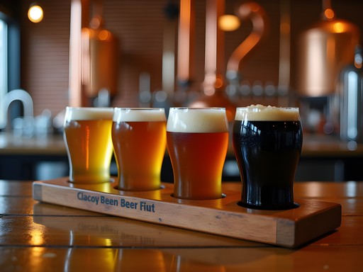 Craft beer flight sampling at Middle Ages Brewing Company in Syracuse with historic brewery equipment in background