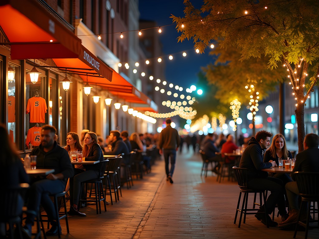 Lively Marshall Street scene near Syracuse University with students and locals enjoying outdoor seating at night