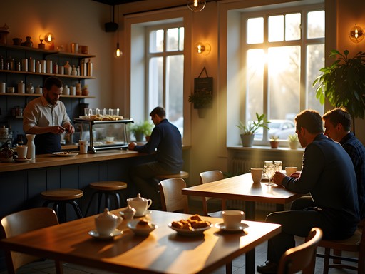 Cozy Tallinn cafe interior with morning light streaming through windows and coffee being served