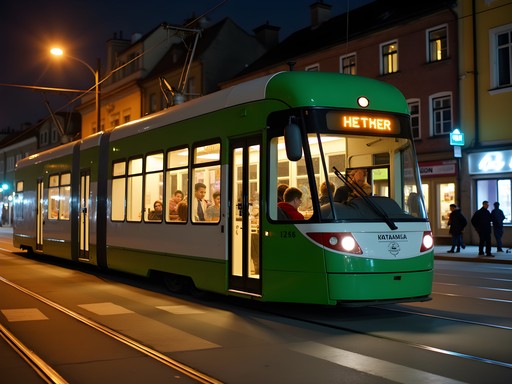 Modern Tallinn tram at night with passengers visible through windows and city lights reflecting