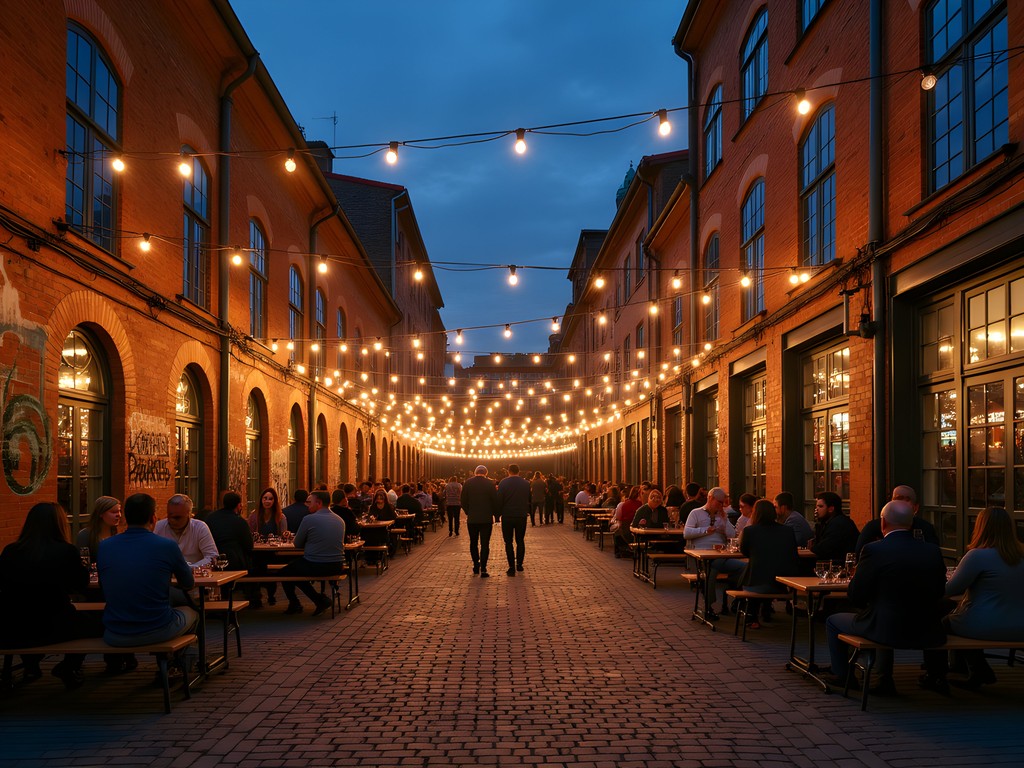 Telliskivi Creative City courtyard at night with string lights and people socializing outside bars