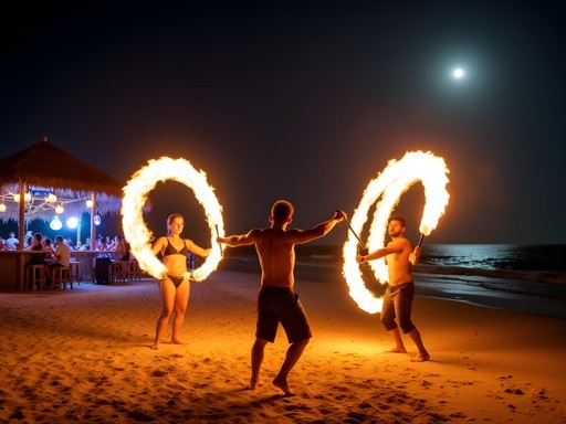 Lively beach bar in Tamarindo at night with fire dancers and ocean backdrop
