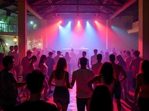 Energetic nightclub scene in Tamarindo with diverse crowd dancing