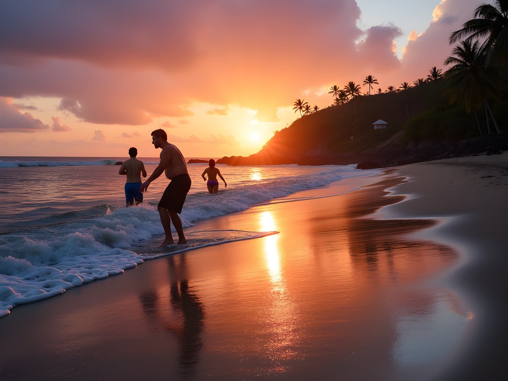 Peaceful sunrise on Tamarindo Beach with early morning swimmers and nightlife venues closing in background