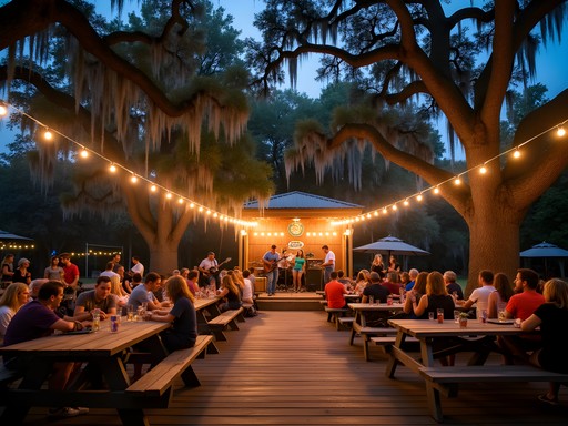 Outdoor live music venue in Tampa with stage under oak trees draped in Spanish moss