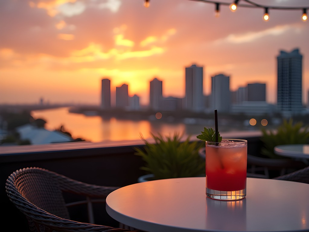 Sunset view from Tampa rooftop bar overlooking downtown skyline and Tampa Bay