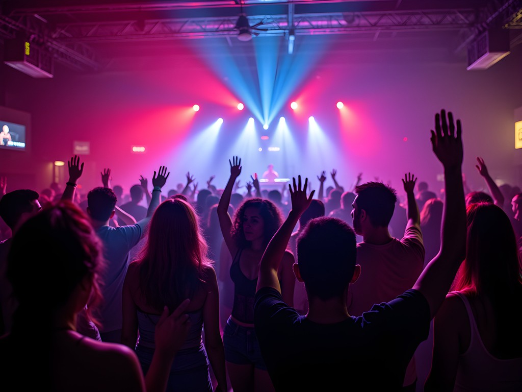 Energetic crowd dancing in Ybor City nightclub with colorful lights and DJ booth