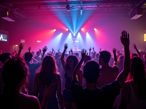 Energetic crowd dancing in Ybor City nightclub with colorful lights and DJ booth