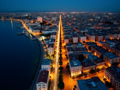 Nighttime view of Thessaloniki with key nightlife districts illuminated