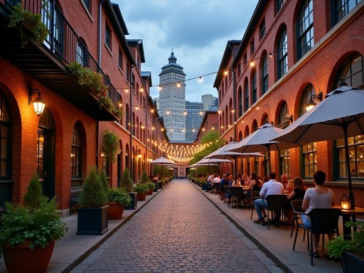 Romantic evening scene in Toronto's Distillery District with cobblestone streets, historic buildings, and string lights