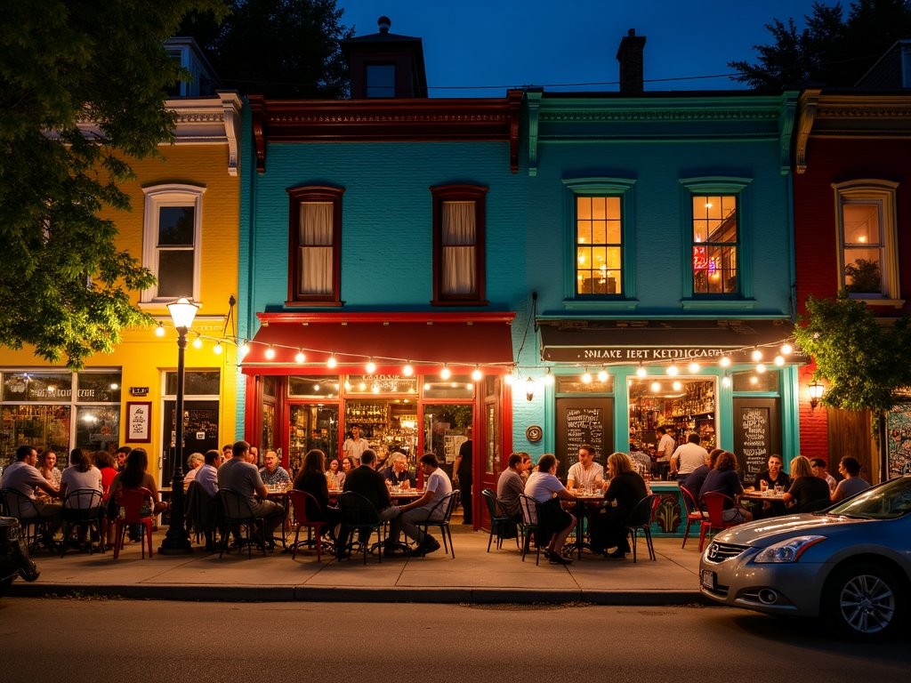 Colorful night scene in Toronto's Kensington Market showing eclectic bars, street art, and diverse crowd