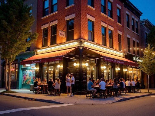 Hip nightlife scene at the intersection of Queen Street West and Ossington Avenue in Toronto showing stylish bars and local crowd