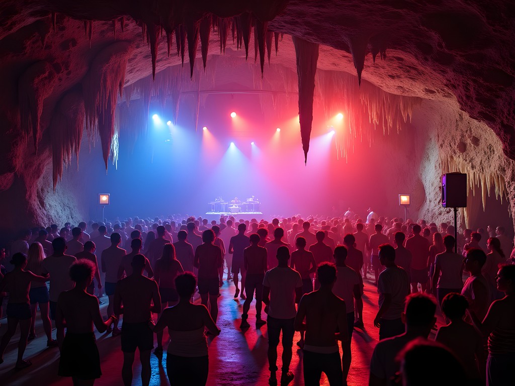 Disco Ayala underground cave nightclub in Trinidad Cuba with dancers and colorful lighting