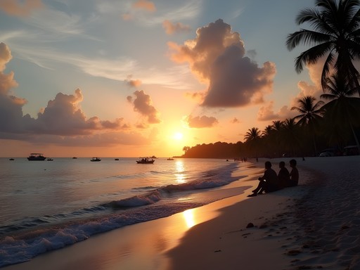 Sunrise at Playa Ancón beach near Trinidad with silhouettes of people and gentle waves