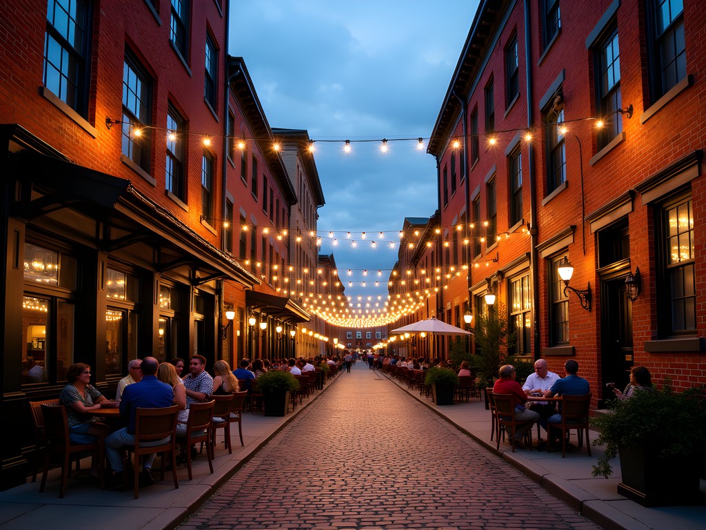 Evening street scene in Utica's Bagg's Square with historic buildings, outdoor seating and string lights
