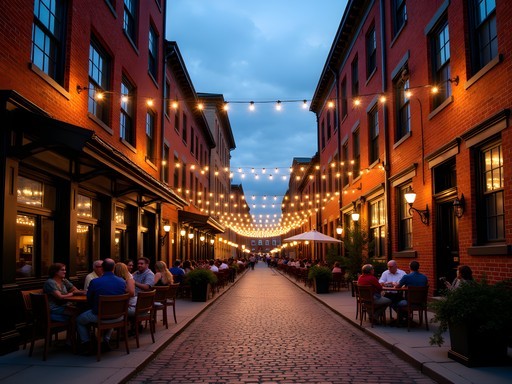 Evening street scene in Utica's Bagg's Square with historic buildings, outdoor seating and string lights