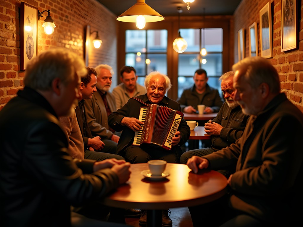 Diverse group enjoying traditional music and drinks at a cozy East Utica cultural café