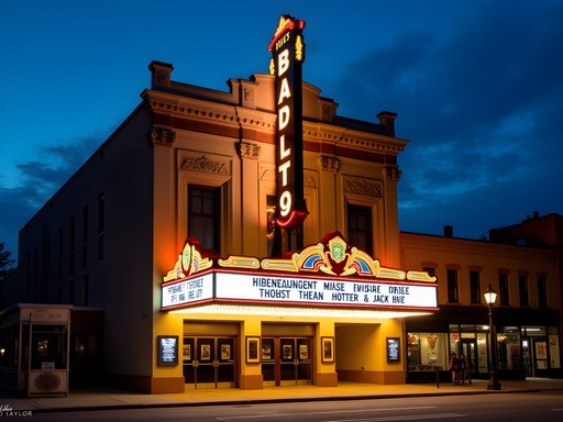Illuminated historic Stanley Theatre marquee and facade at night in downtown Utica
