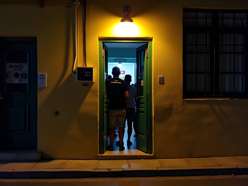 Hidden speakeasy bar entrance in Vacoas with subtle lighting and local patrons