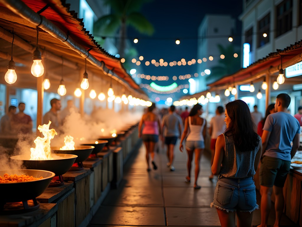 Vibrant night street food market in Vacoas, Mauritius with food stalls and local crowd
