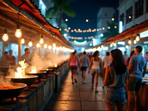 Vibrant night street food market in Vacoas, Mauritius with food stalls and local crowd