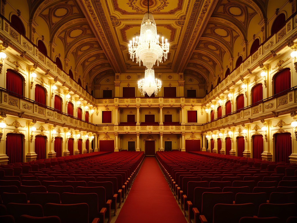 The ornate golden hall of Musikverein concert hall in Vienna with crystal chandeliers