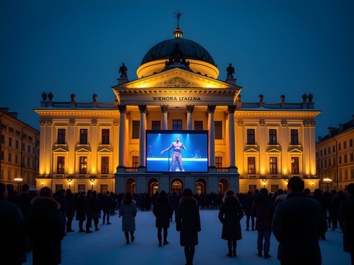 Vienna State Opera House illuminated at night with outdoor screen showing performance