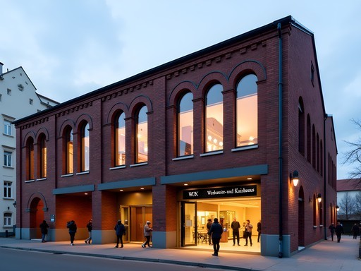 Exterior of WUK cultural center in Vienna showing repurposed industrial architecture