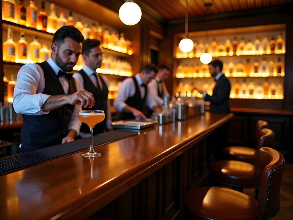 Sophisticated speakeasy-style rum bar with backlit bottles and craft cocktail preparation