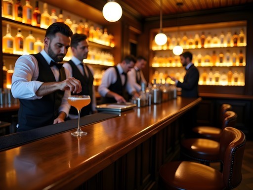 Sophisticated speakeasy-style rum bar with backlit bottles and craft cocktail preparation