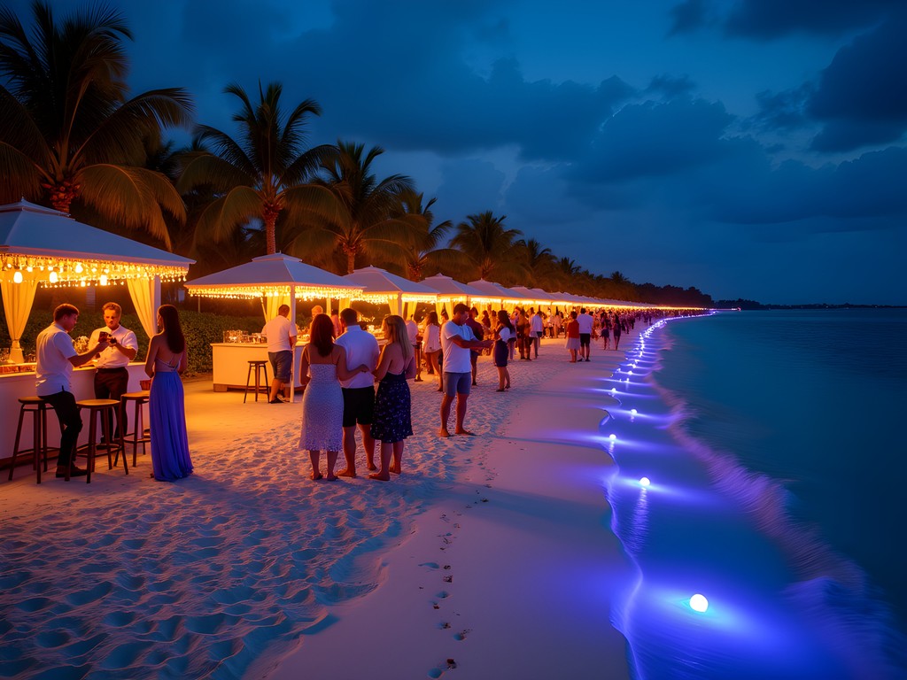 Luxury beach party with illuminated cabanas along West End shoreline at night