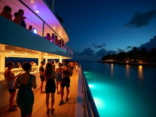 Luxury yacht party at night off West End Bahamas coast with illuminated deck and guests