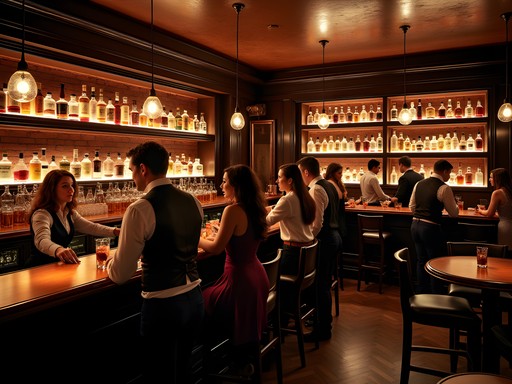 Atmospheric interior of Dockum speakeasy with bartender crafting cocktails