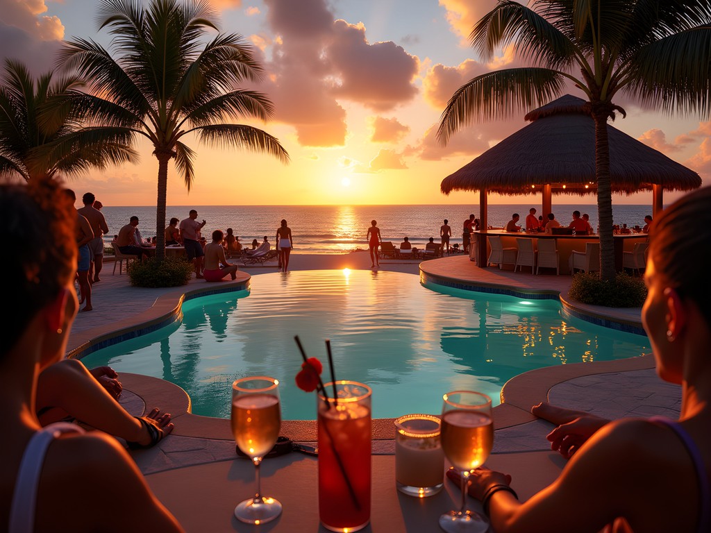 DJ playing at sunset at Jan Thiel Beach Club with people dancing
