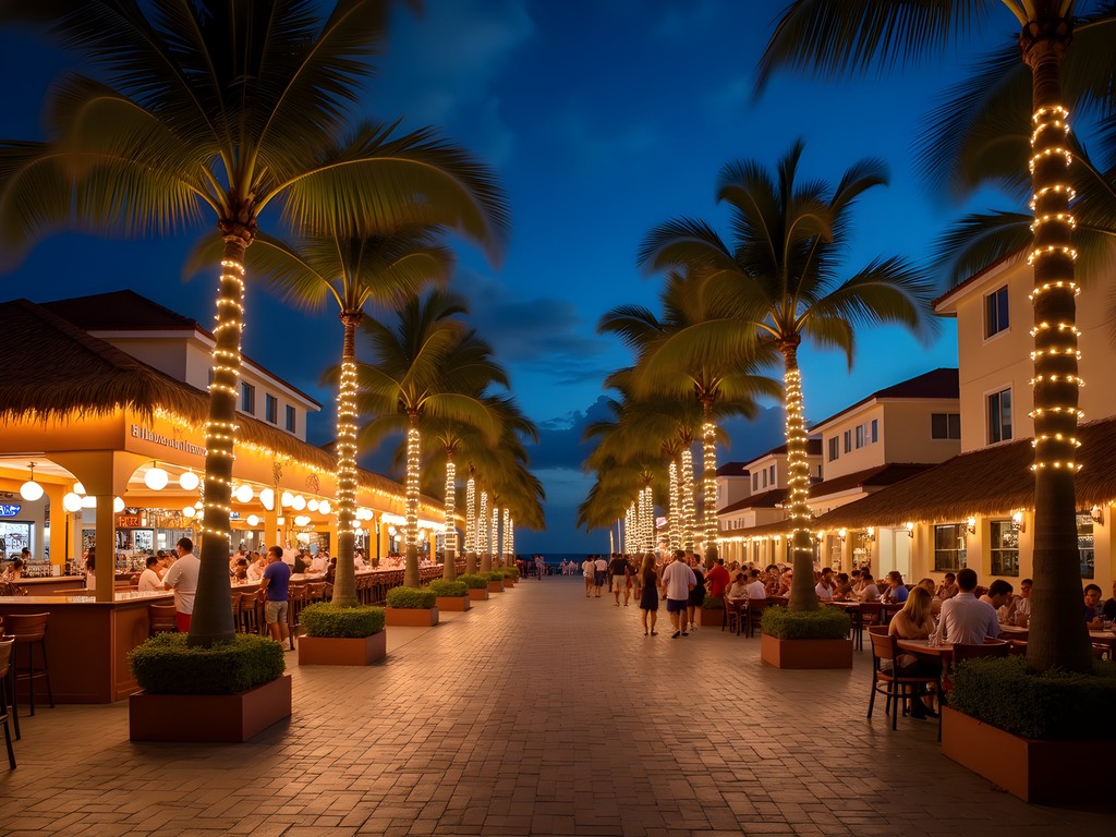 Nighttime view of Mambo Beach Boulevard with illuminated bars and restaurants