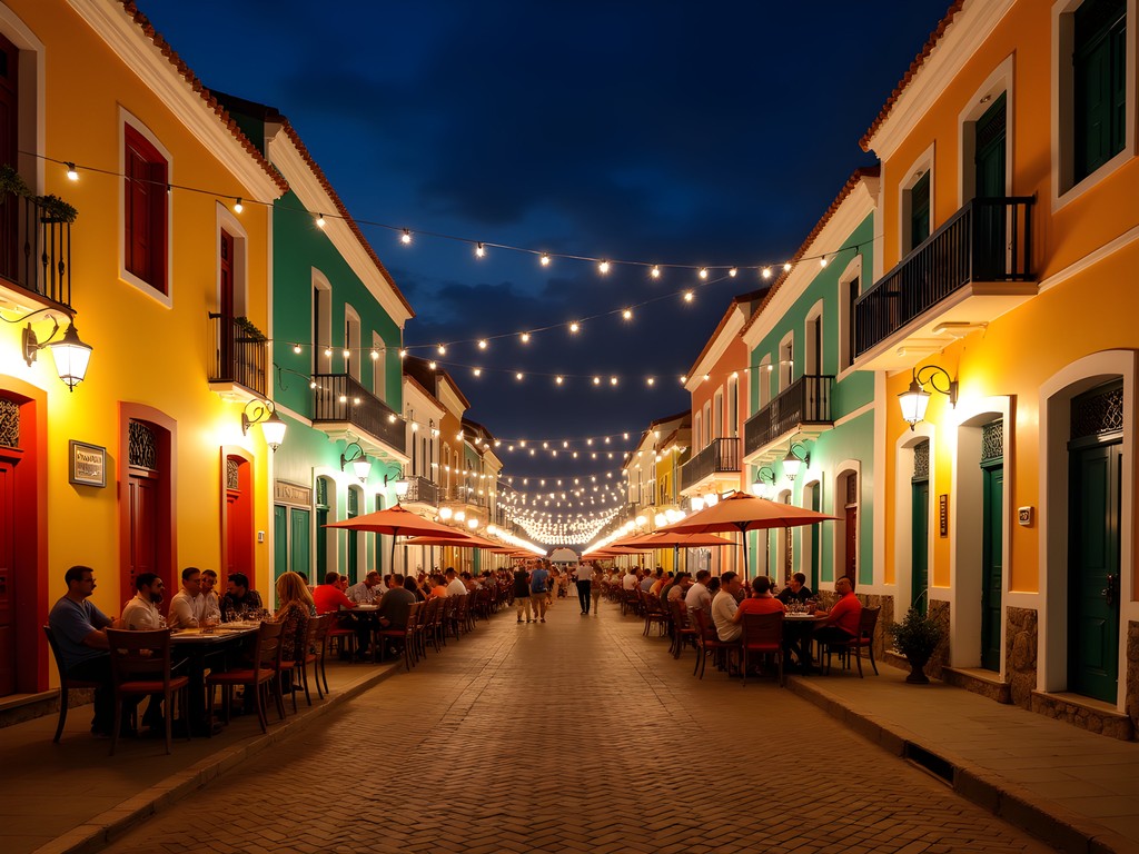 Colorful colonial buildings housing bars and restaurants in Pietermaai District at night, Willemstad