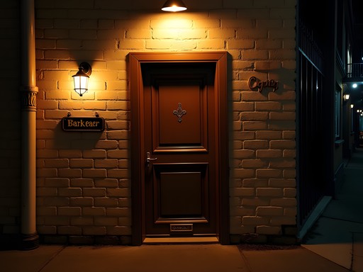 Concealed entrance to a Wollongong speakeasy with subtle signage and atmospheric lighting