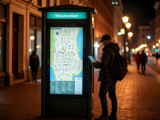 Illuminated map of downtown Woonsocket at night showing key nightlife venues