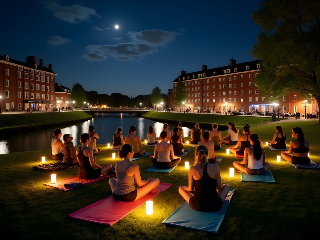 Nighttime yoga session at River Island Art Park in Woonsocket with historic mills in background