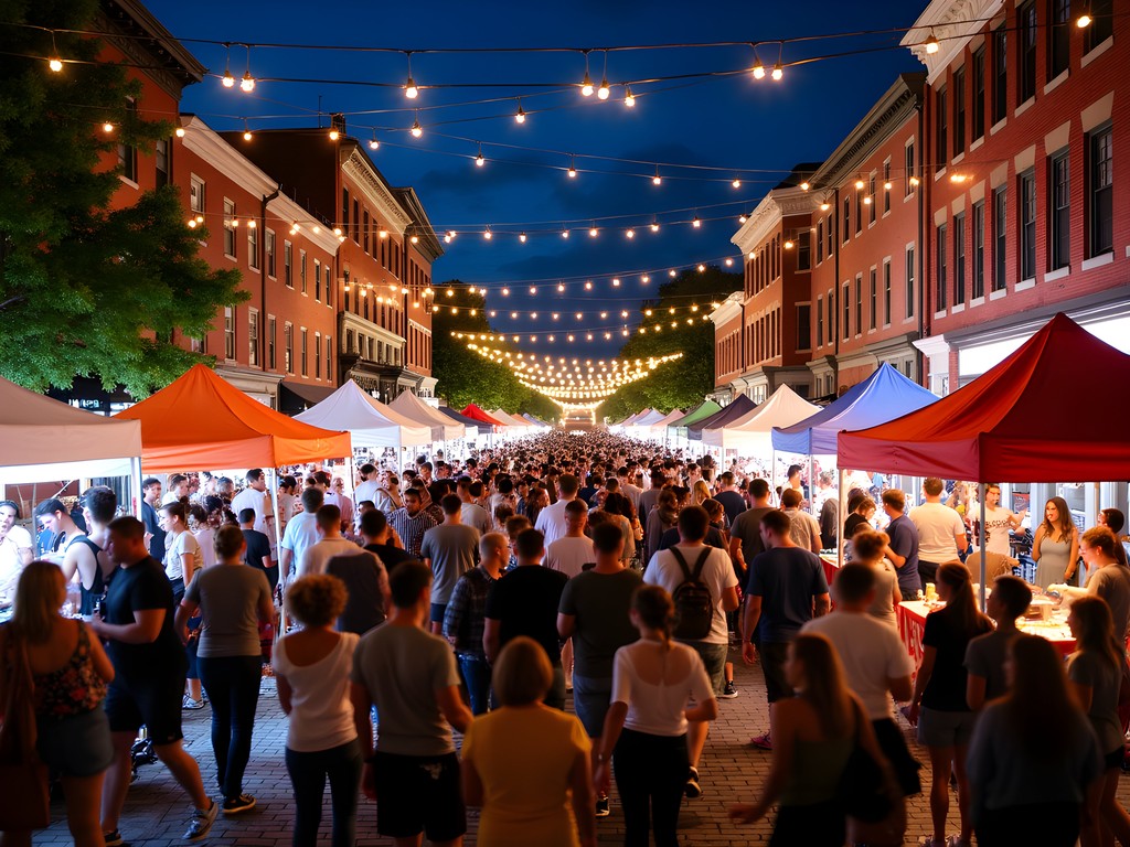 Nighttime cultural festival on Main Street Woonsocket with colorful lights and crowds