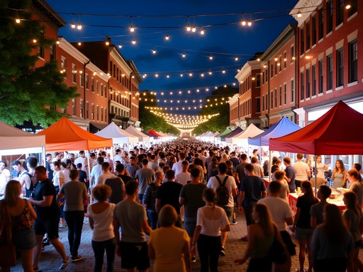 Nighttime cultural festival on Main Street Woonsocket with colorful lights and crowds