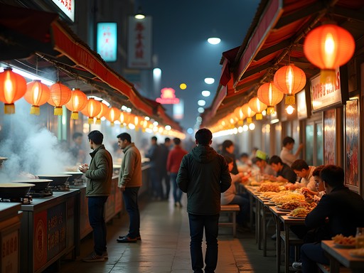 Bustling Hubu Alley night market in Wuhan with food vendors and customers