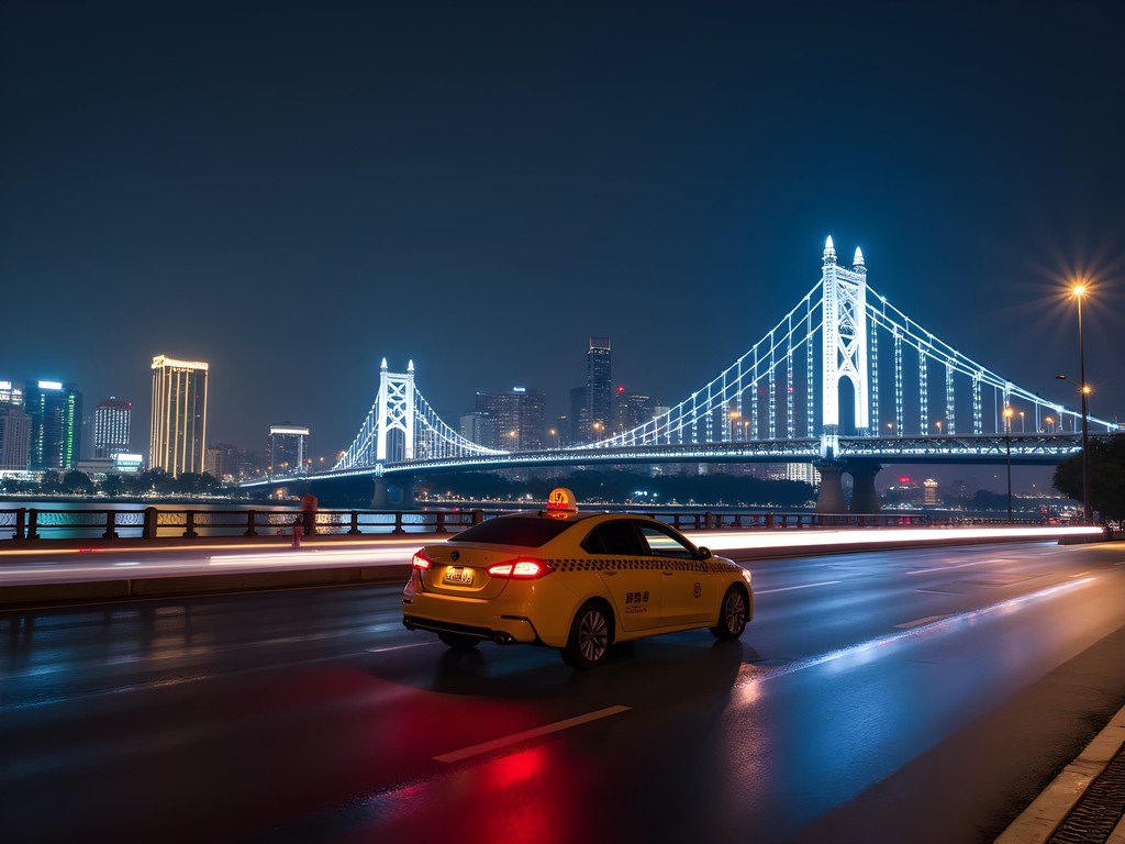 Taxi crossing illuminated Yangtze River bridge in Wuhan at night