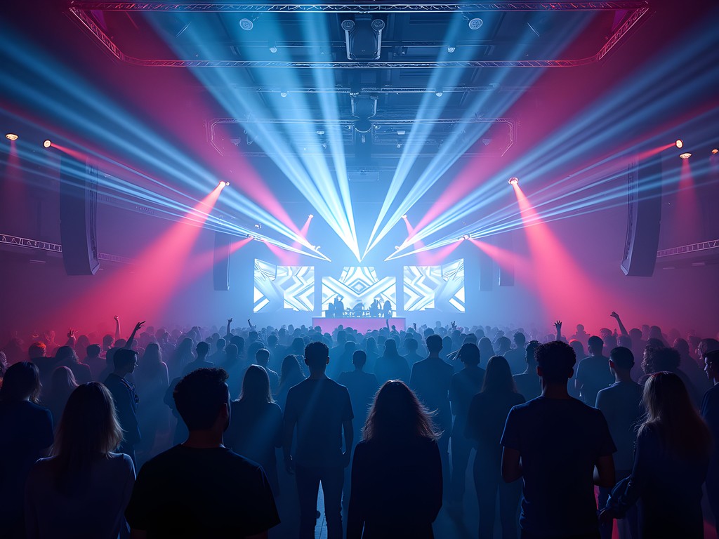 Crowded dance floor at VOX Livehouse club in Wuhan with light show