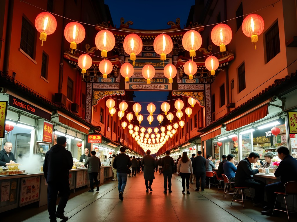 Yokohama Chinatown's main street illuminated by hundreds of red lanterns at night with traditional gates and bustling late-night food stalls