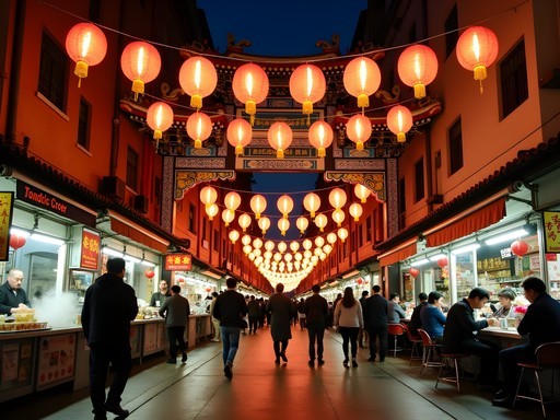 Yokohama Chinatown's main street illuminated by hundreds of red lanterns at night with traditional gates and bustling late-night food stalls