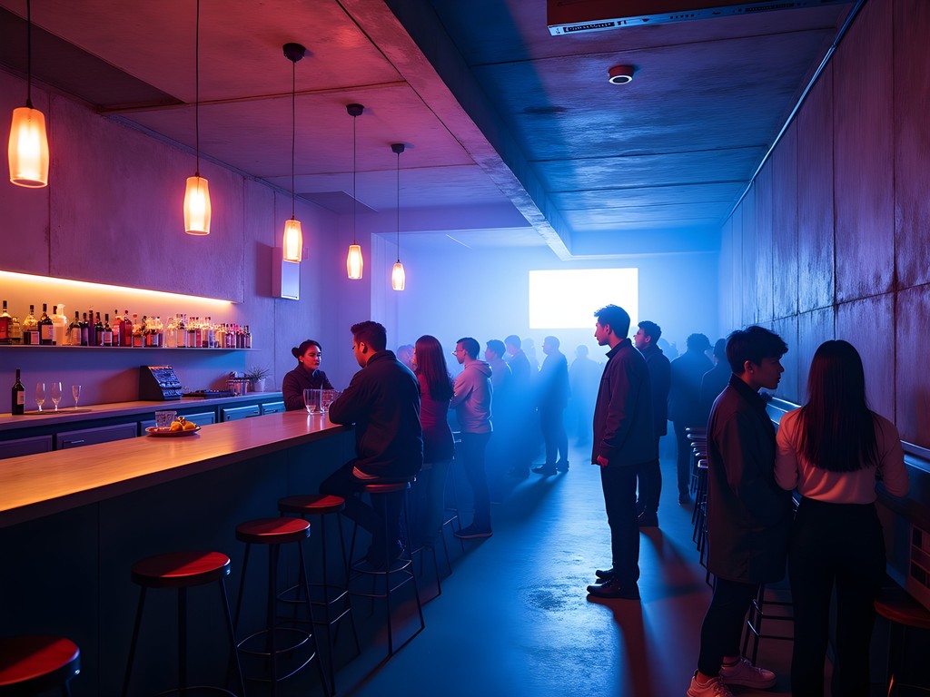 Interior of an underground music venue in Yokohama's Kannai district with minimalist industrial design, atmospheric lighting, and sound equipment