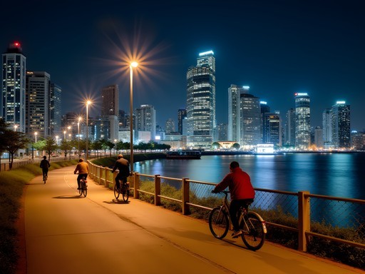 Night cycling along Yokohama's illuminated waterfront path with city skyline reflected in harbor waters