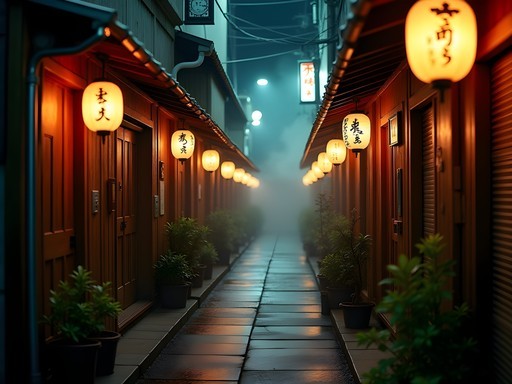 Atmospheric narrow alleyway in Yokohama's Noge district lined with small traditional bars displaying red lanterns and neon signs